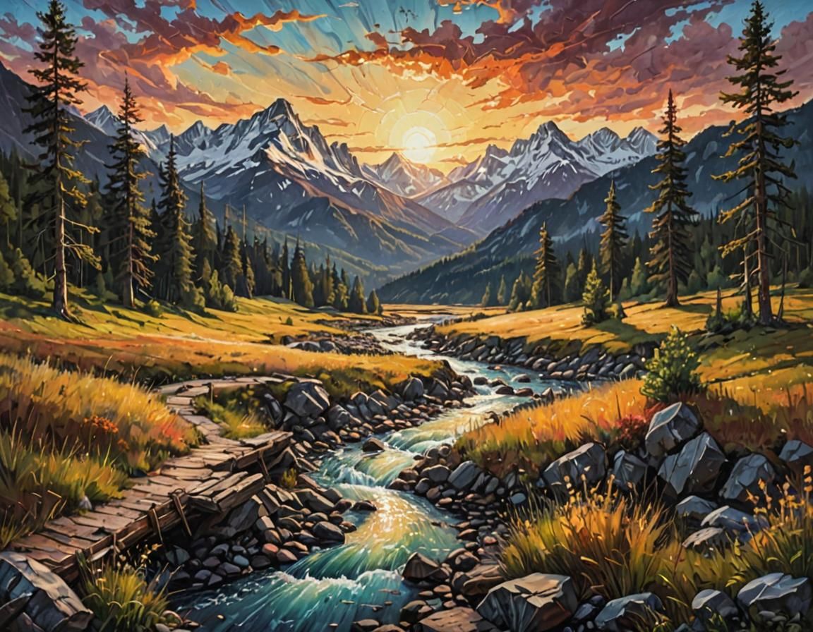 Landscape Acrylic Painting of Mountains and Forest