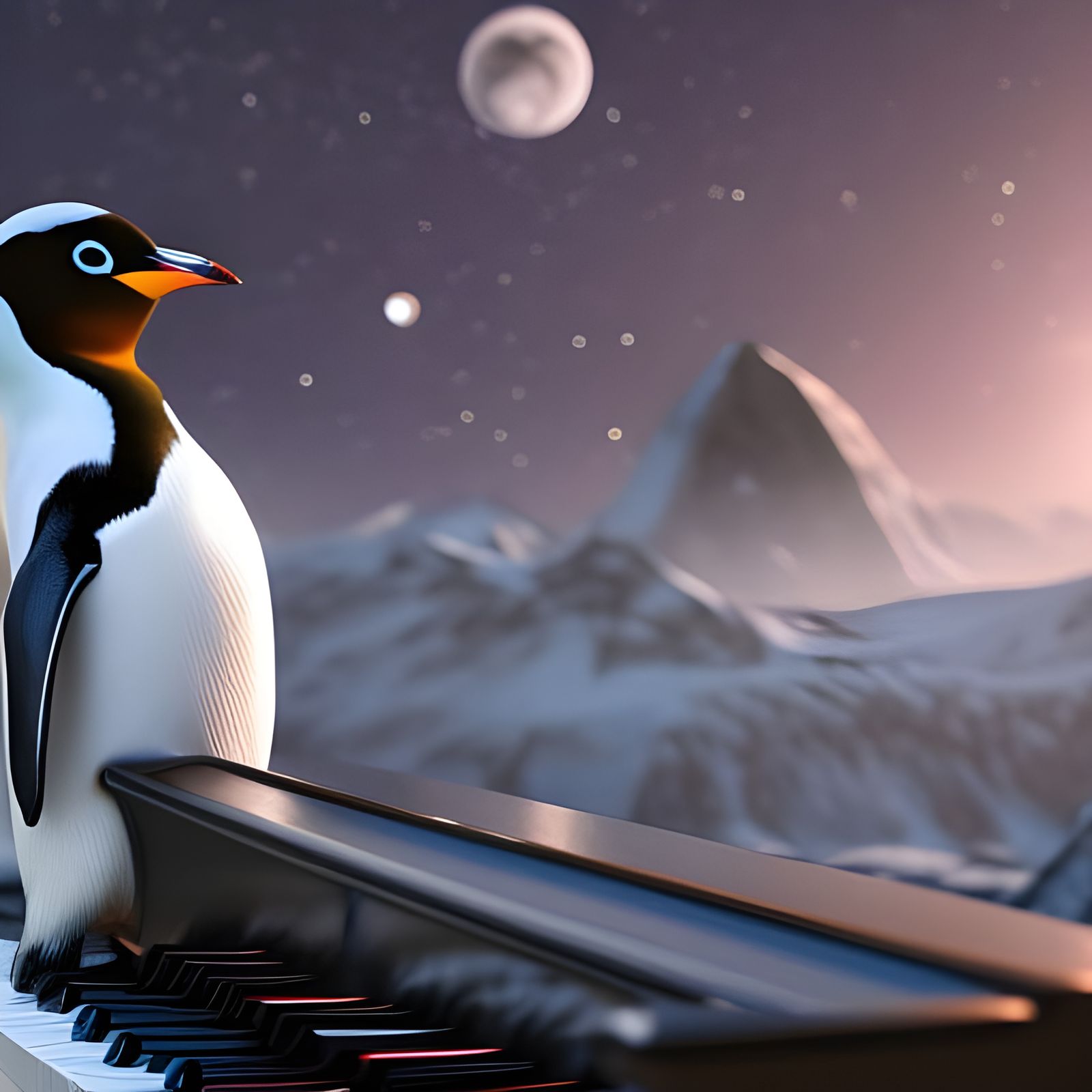 Penguin Pianist Under Starry Comet Sky