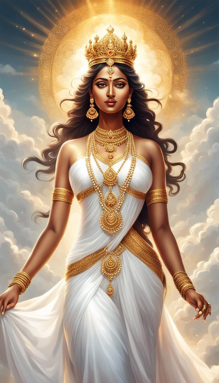 Bengali Goddess with Golden Crown on Cloud