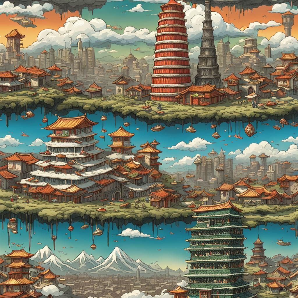 Surreal Sushi Cityscape in Comic Book Art Style