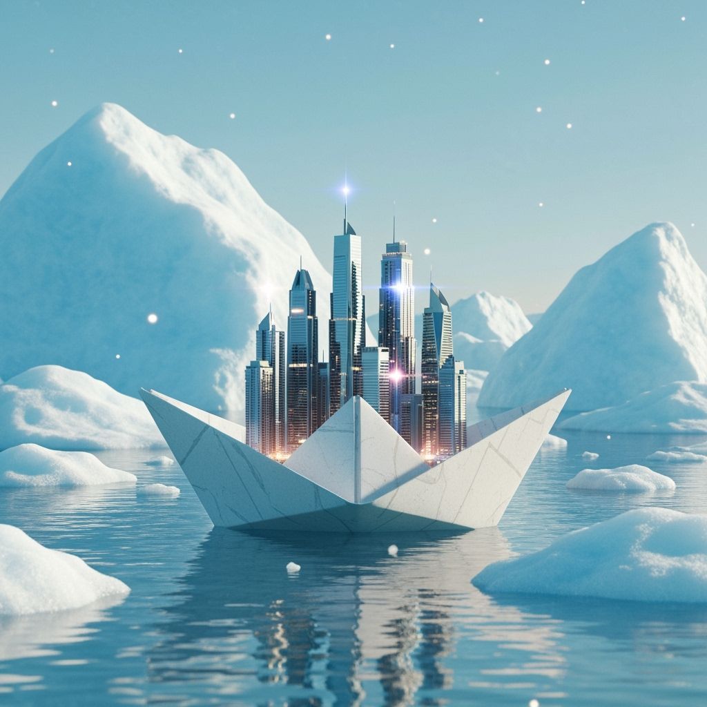Paper Boat City on Icy Ocean, Dreamlike Scene