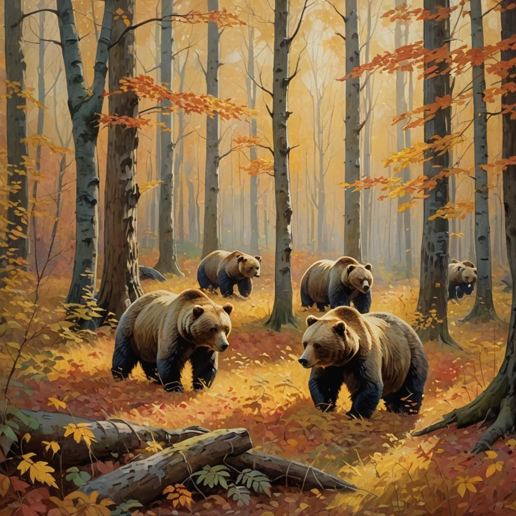 Fat Bears Foraging in Autumn: An Impressionist Painting