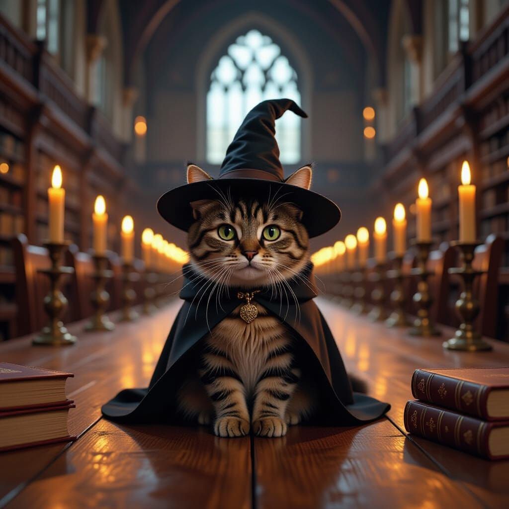 Wizard Cat at Hogwarts: Hyperrealistic Digital Art