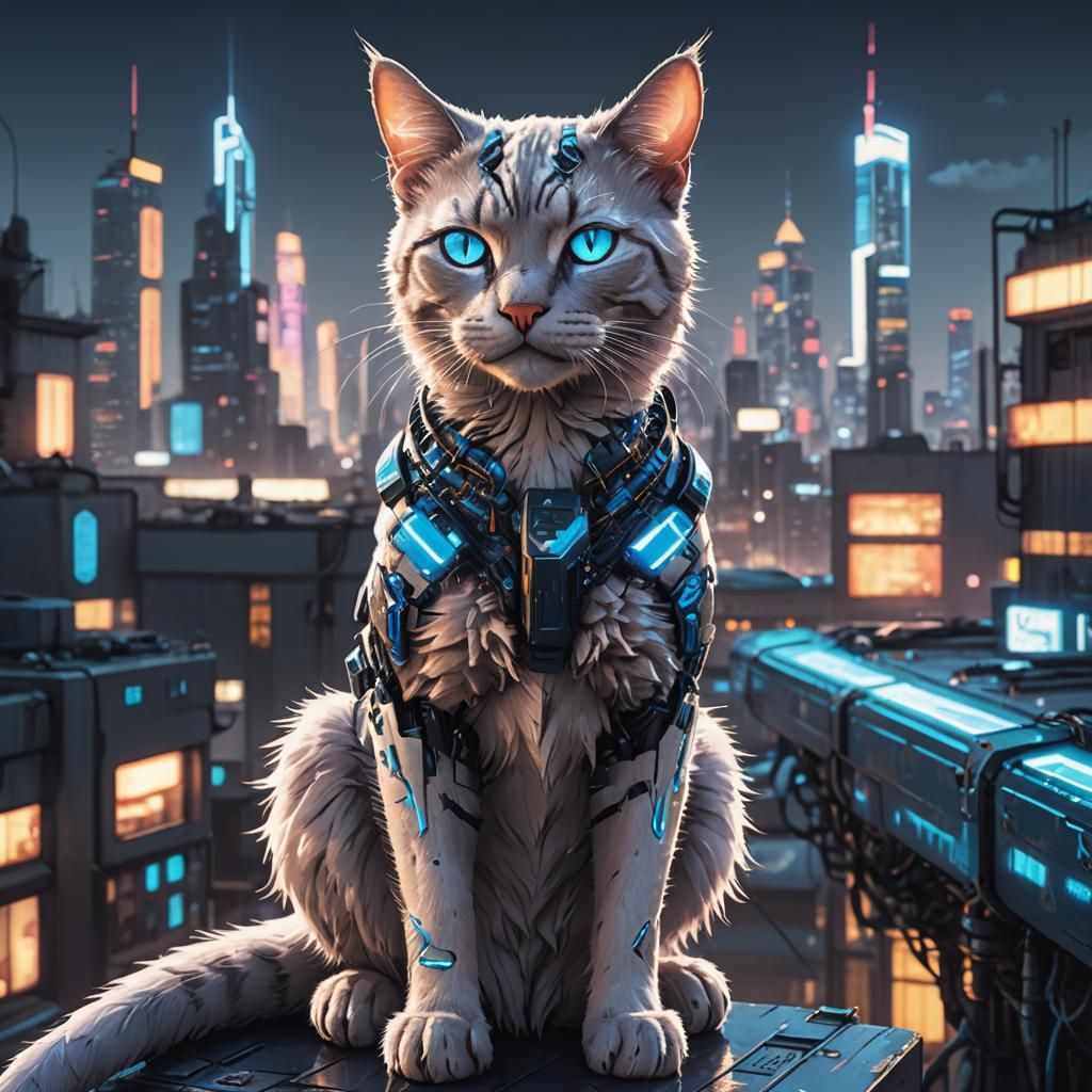 Cyberpunk Cat on Futuristic Rooftop