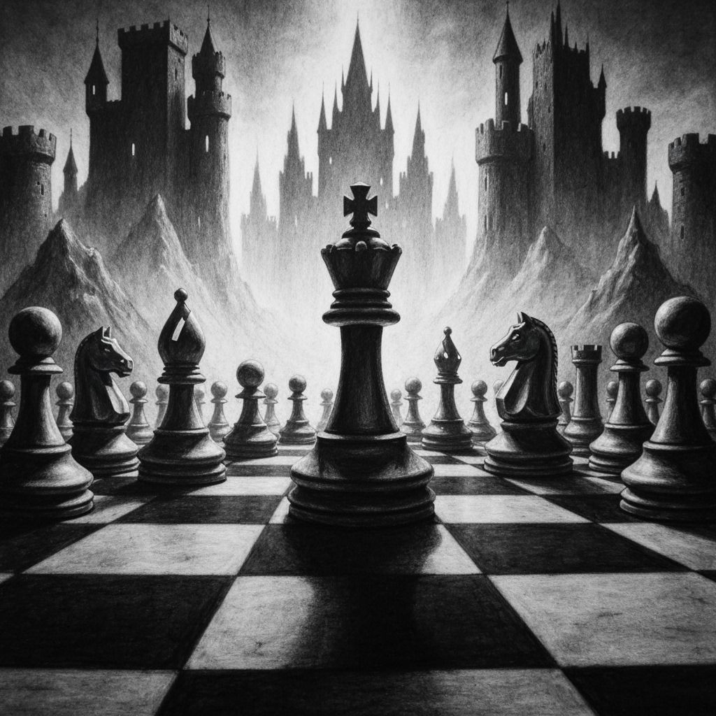 Charcoal Chess Game: Pieces Hover Over Fantasy Landscape