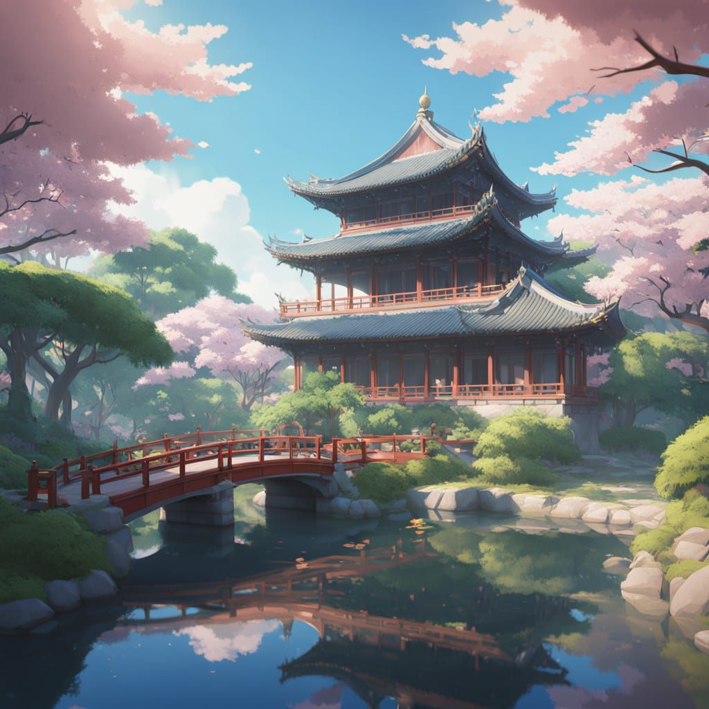 Ethereal Chinese Palace Garden in Vibrant Anime Style