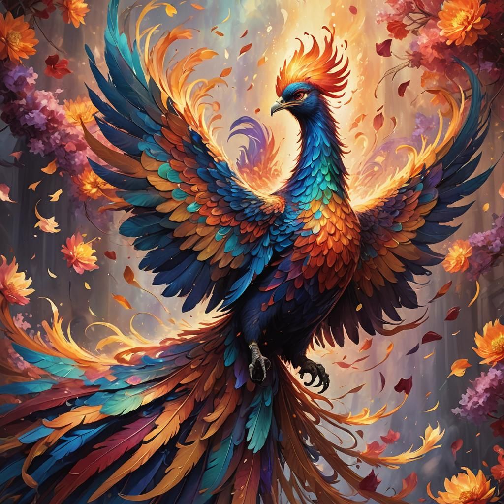 Regal Phoenix in Petal Wind, Art Nouveau Style