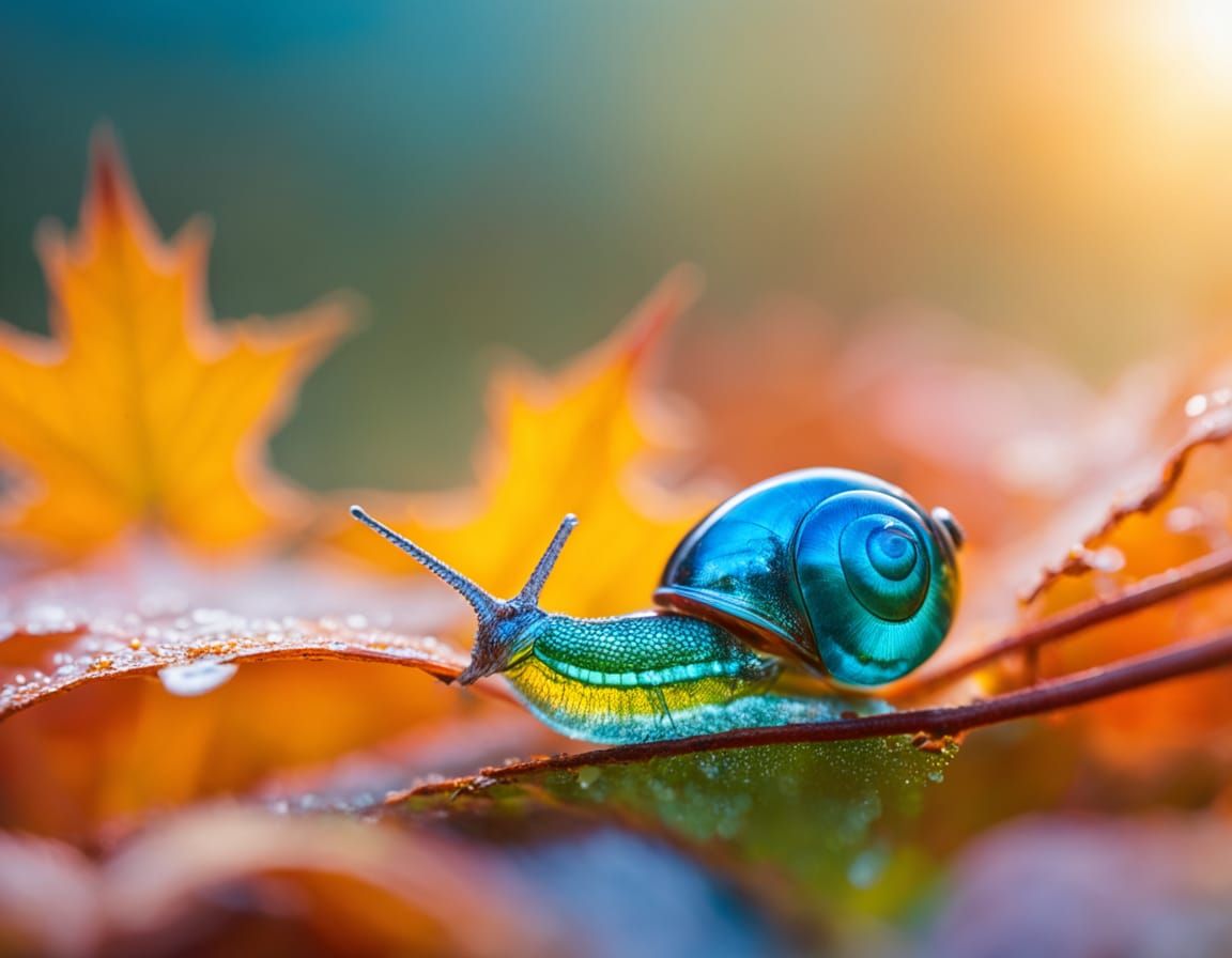 Iridescent Snail Glides on Autumn Leaf: Macro Photograph