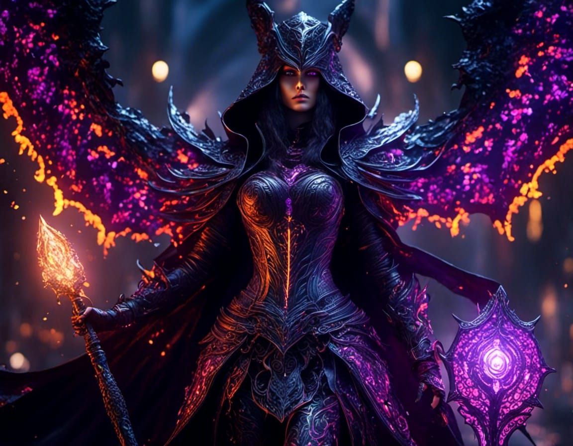 Warrior Witch in Neon Armor: 8k Photorealistic Masterpiece