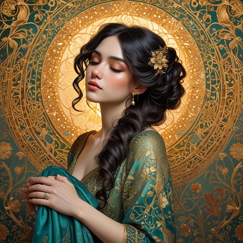 Ebony Haired Beauty in Opulent Art Nouveau Style