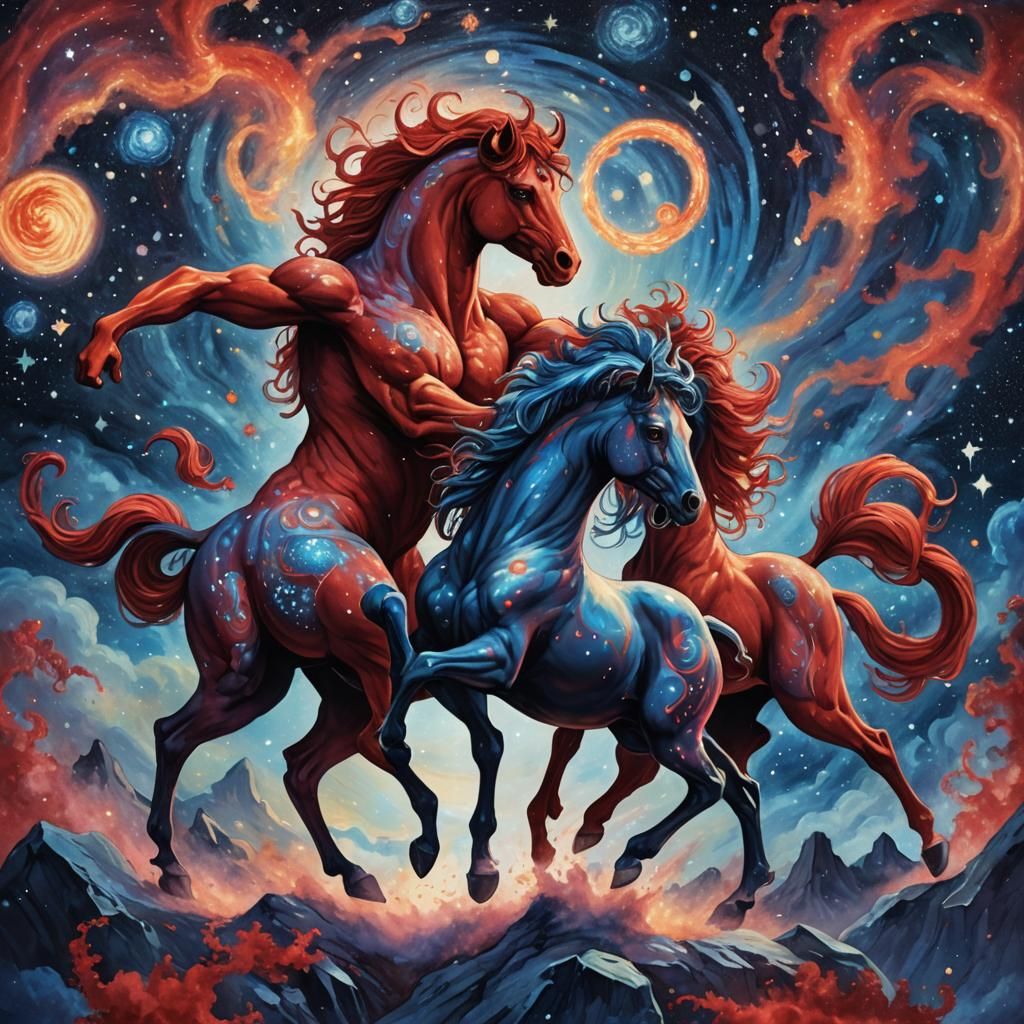 Cosmic Centaur Clash in Surrealist Digital Art
