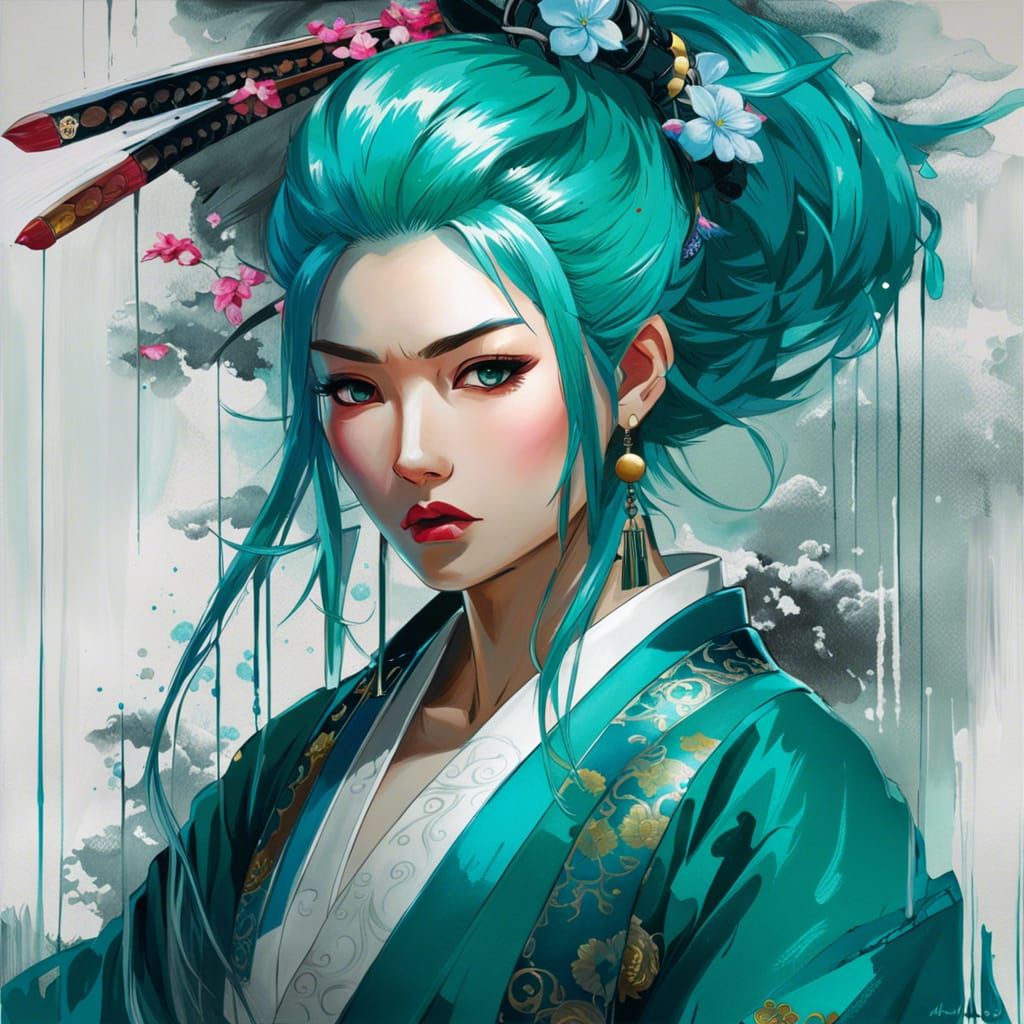 Anime Samurai Princess Portrait in Ink Art Style