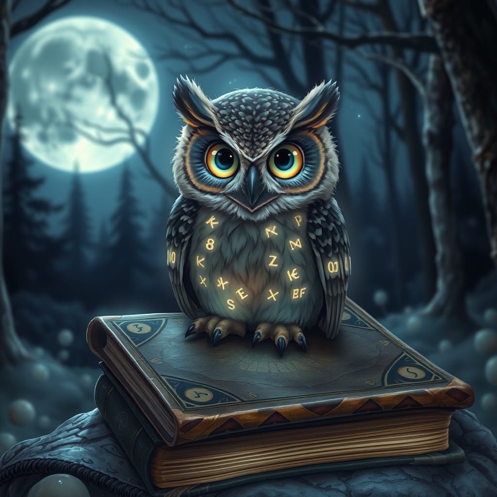Mystical Owl with Runes in Moonlit Forest