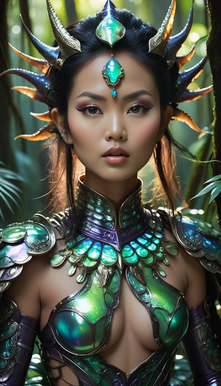 Asian Woman in Iridescent Armor, Professional Portrait