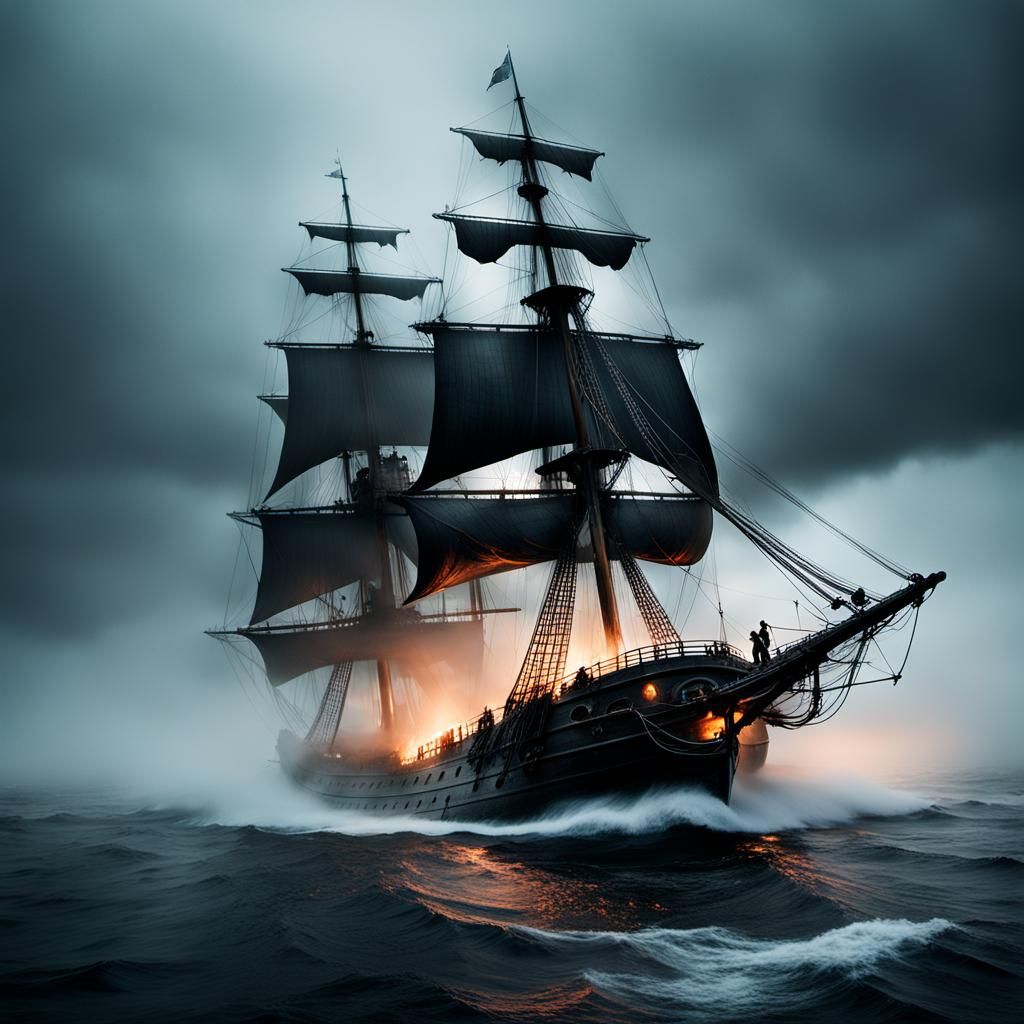 Ghostly Pirate Ship Emerges from Fog: Nautical Photography