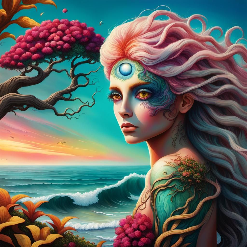 Dreamlike Eyeball Tree by Crashing Ocean Wave