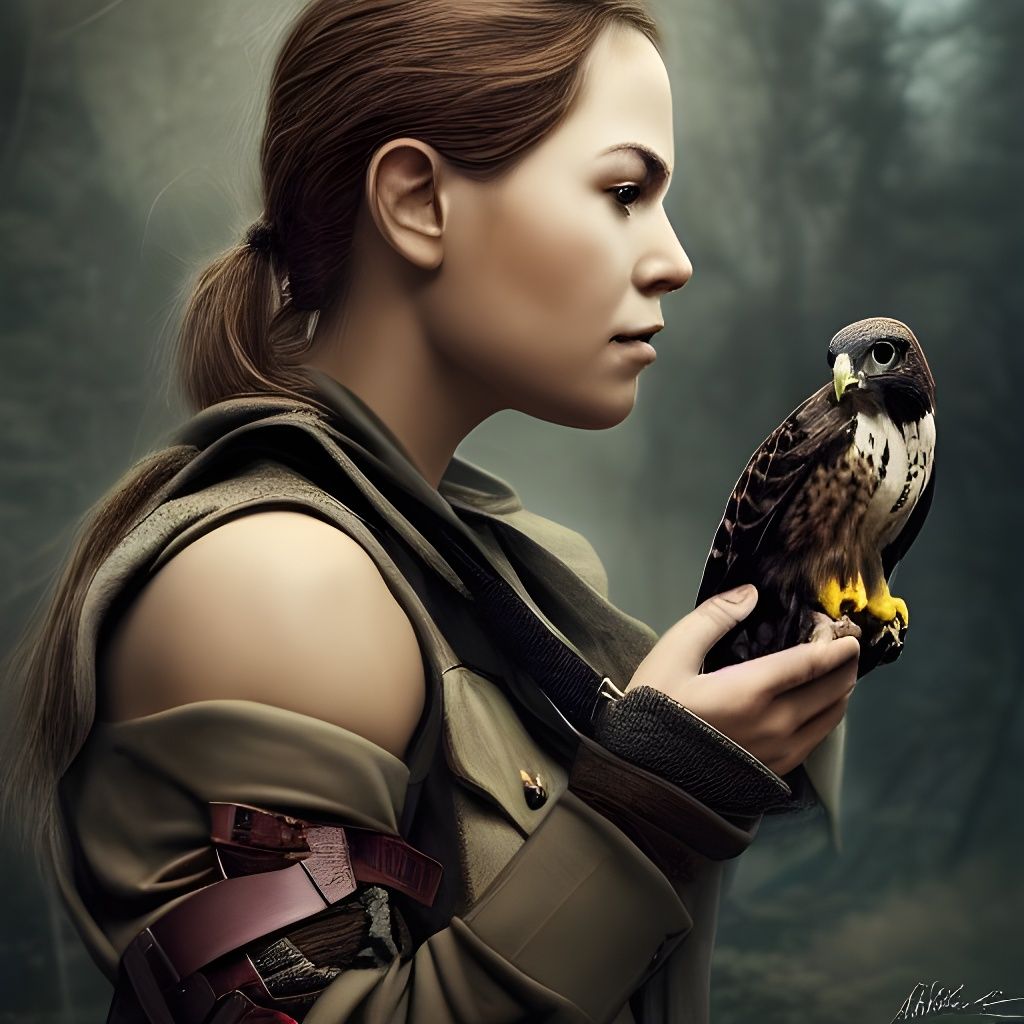 Beautiful Ranger with Falcon: Hyper-Realistic Digital Art