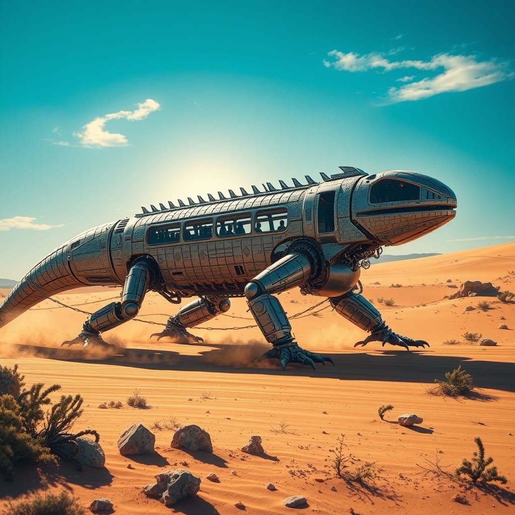 Futuristic Robotic Lizard Vehicle in Desert Landscape