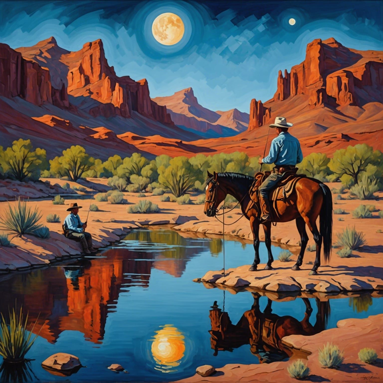 Cowboy Fishing in Arizona: An Expressionist Oil Painting