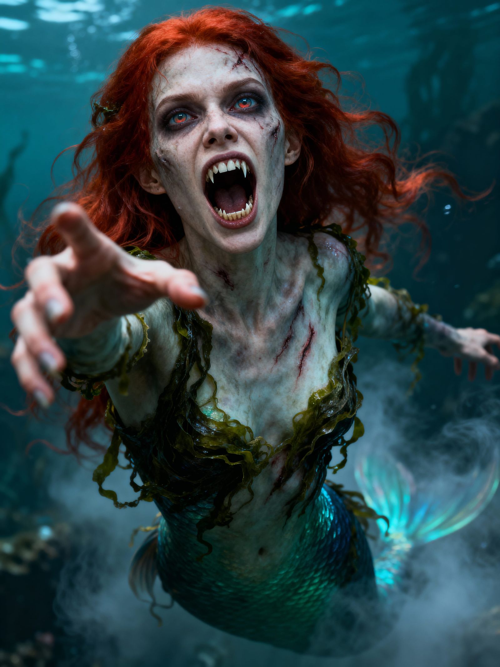 Horror Mermaid With Red Hair and Manic Gaze