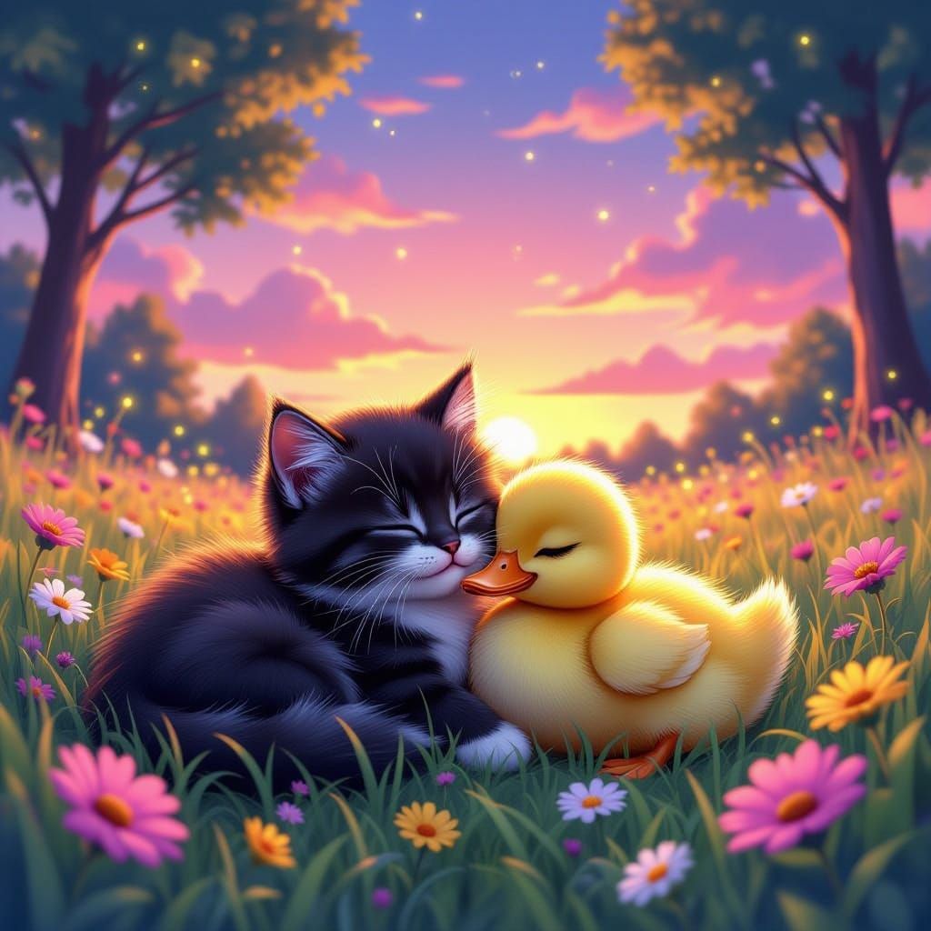 Kitten and Ducklings Snuggle in Manga Scan Style