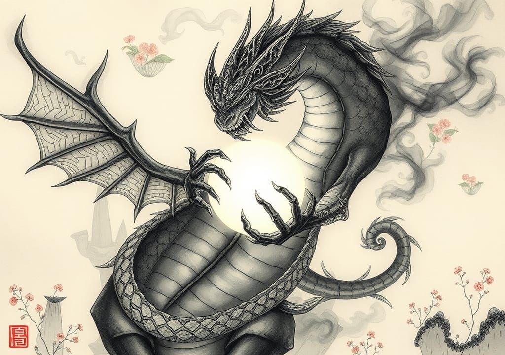 Ink-Patterned Guardian Creature with Luminous Orb