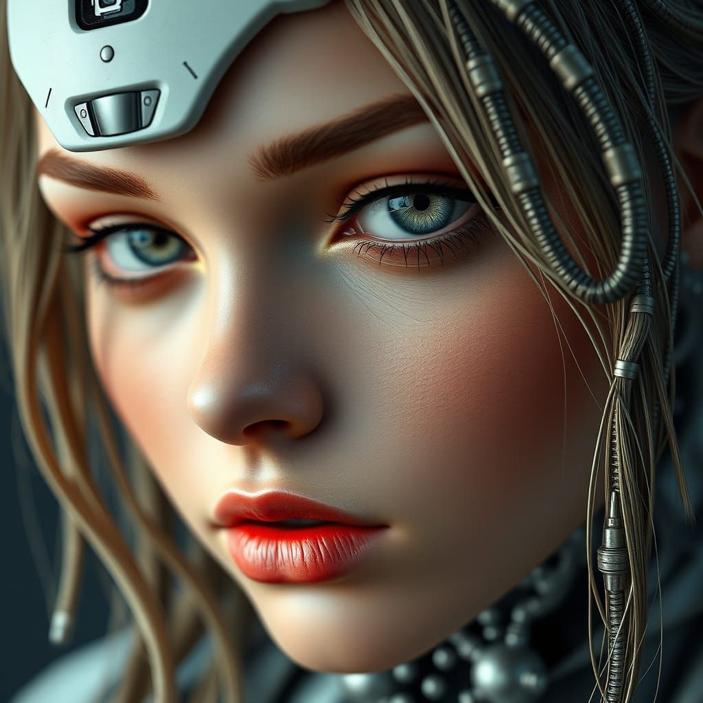 Surreal Portrait of a Half-Robotic Woman in Hyperrealistic D...