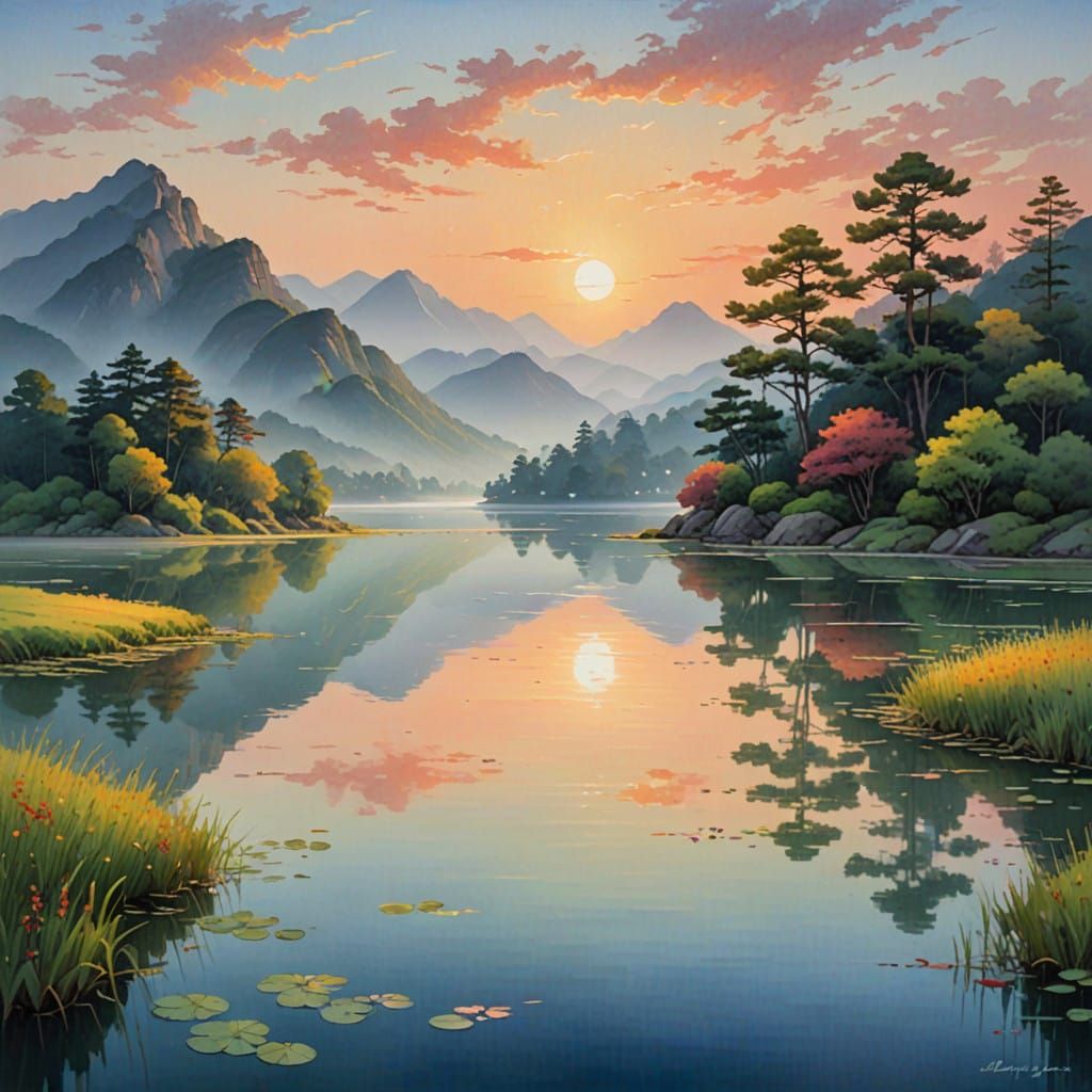 Dreamy Sunset Landscape with Tranquil Lake