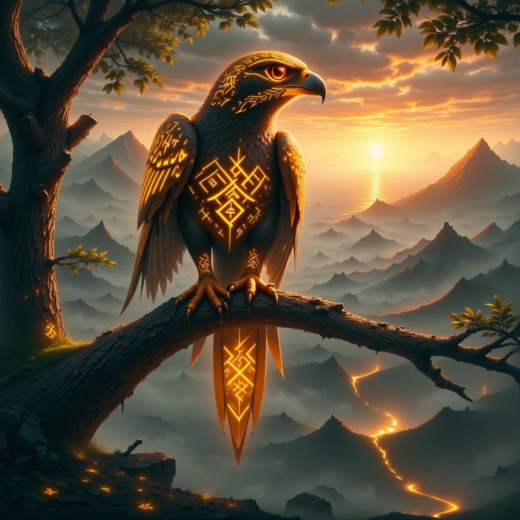 Falcon with Glowing Runes at Sunset