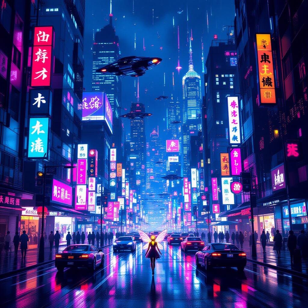 Cyberpunk Cityscape with Flying Vehicles and Fairy