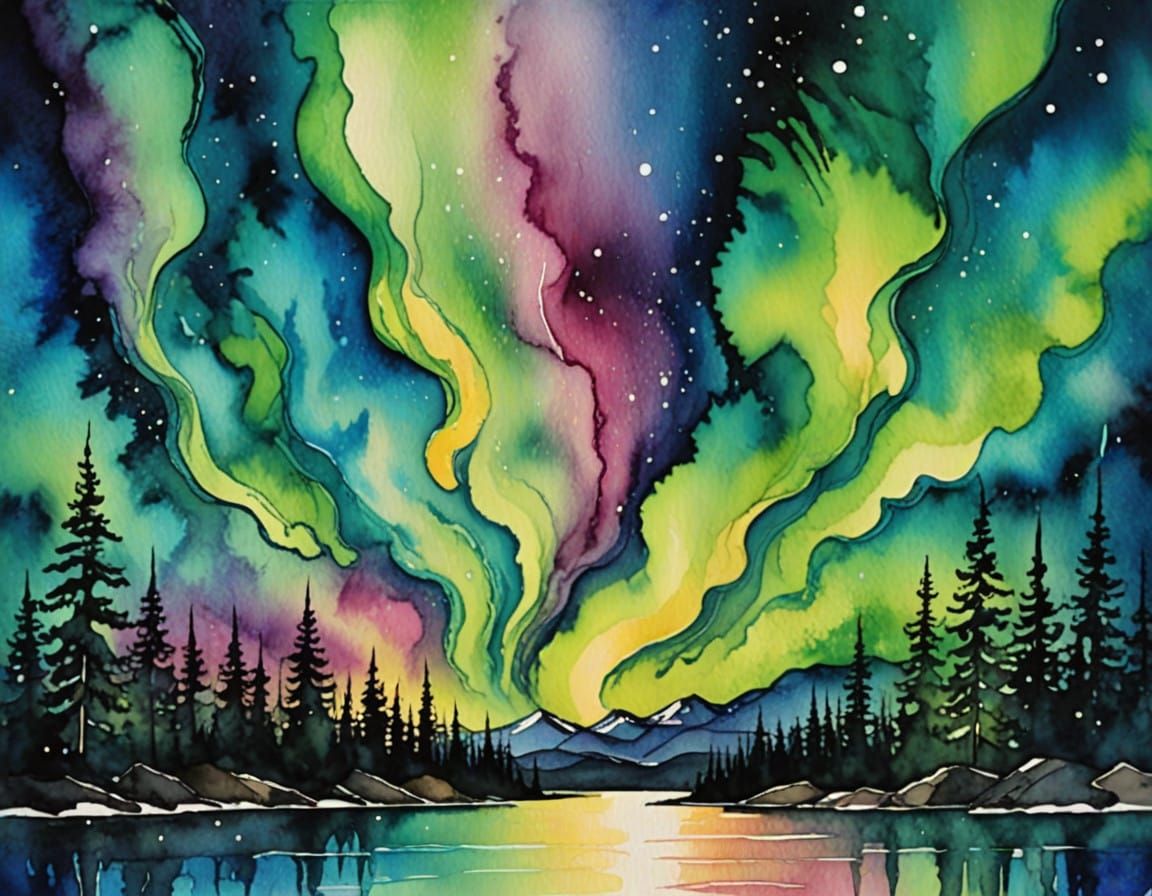 Vibrant Aurora in Watercolor and Alcohol Ink