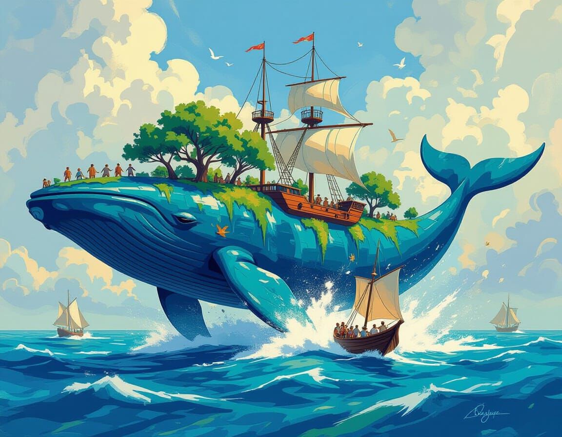 Whale Island Shakes off Sailors in Fantasy Art