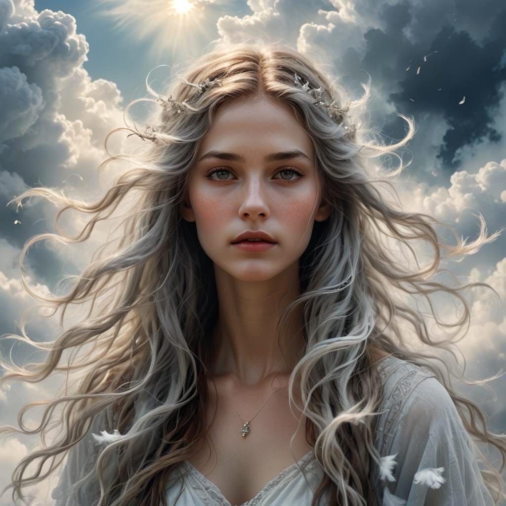 Ethereal Woman with Cloud Hair: Fantasy Concept Art