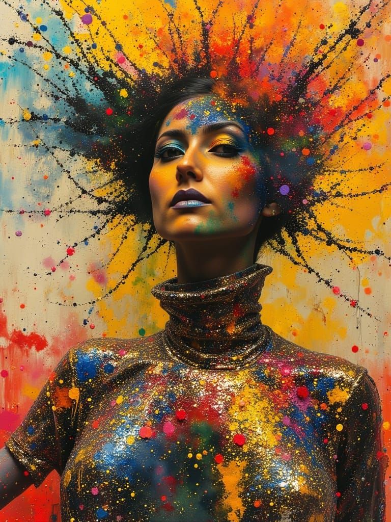 Artist in Metallic Attire with Pointillism Swirls