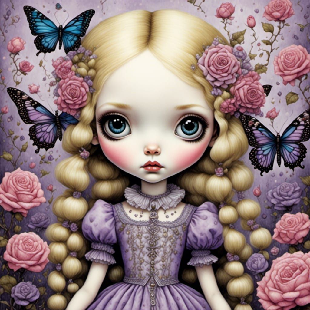 Whimsical English Garden Scene with a Blonde Girl and Pink R...