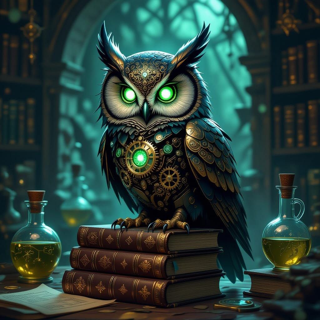 Clockwork Owl on Spellbooks in Steampunk Study