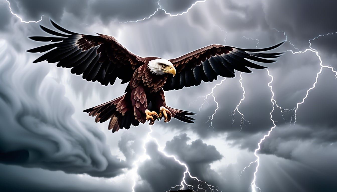Eagle Landing Through Storm Clouds