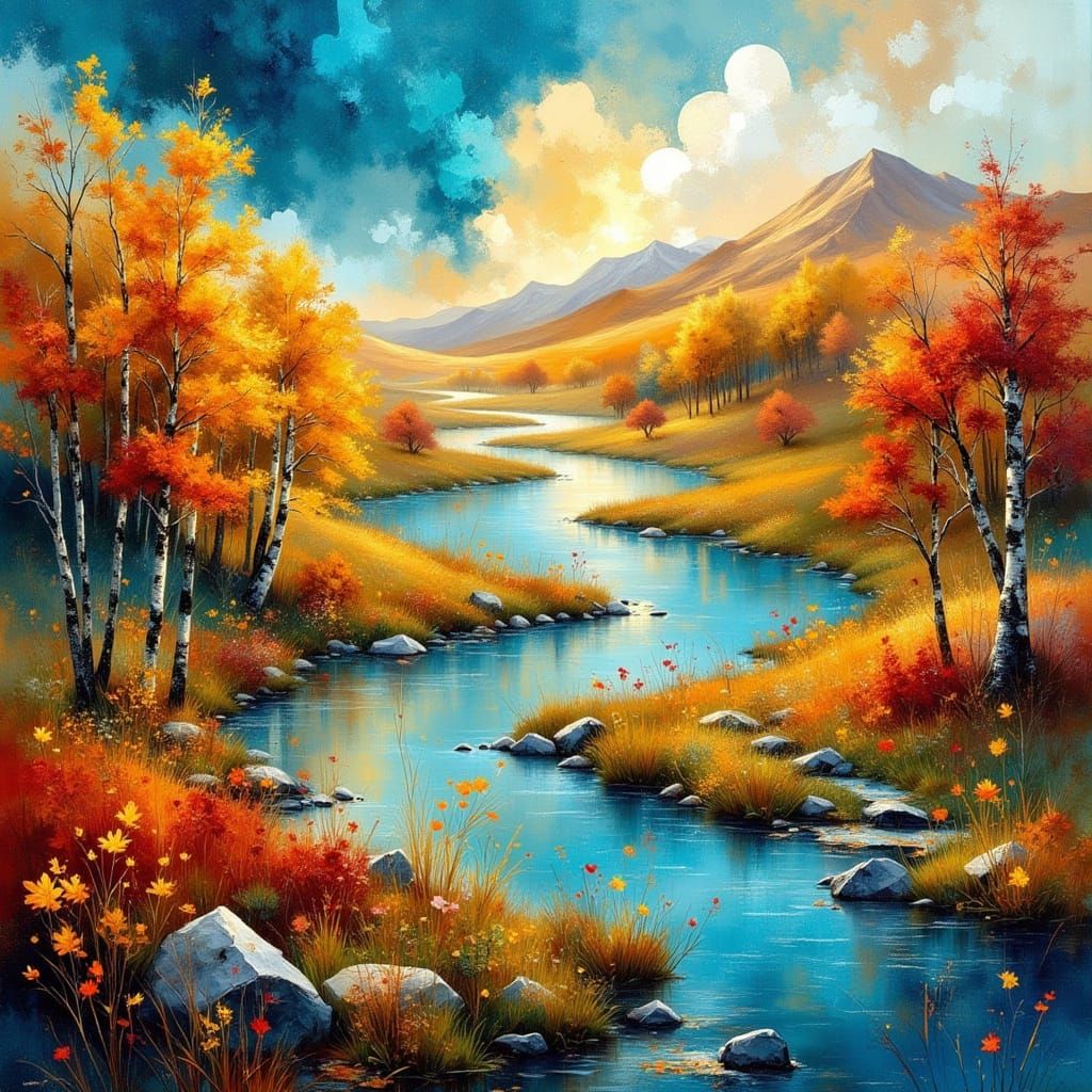 Vibrant Landscape with Rolling Hills and Collage Elements