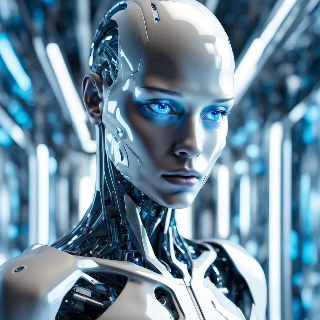 Futuristic Android in Cave: Hyperrealistic CGI Portrait