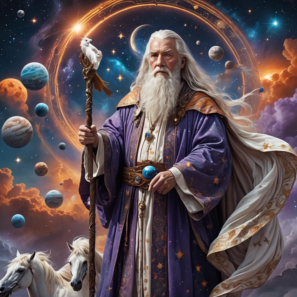 Celestial Wizard with Winged Horse in Fantasy Style