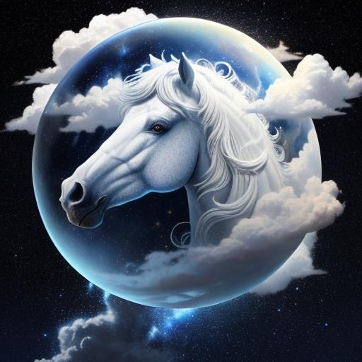 Very detailed White Cloud with elements of colored smoke, Over detailed mane On Horse's Head-shaped cloud, Starry Sky, H...