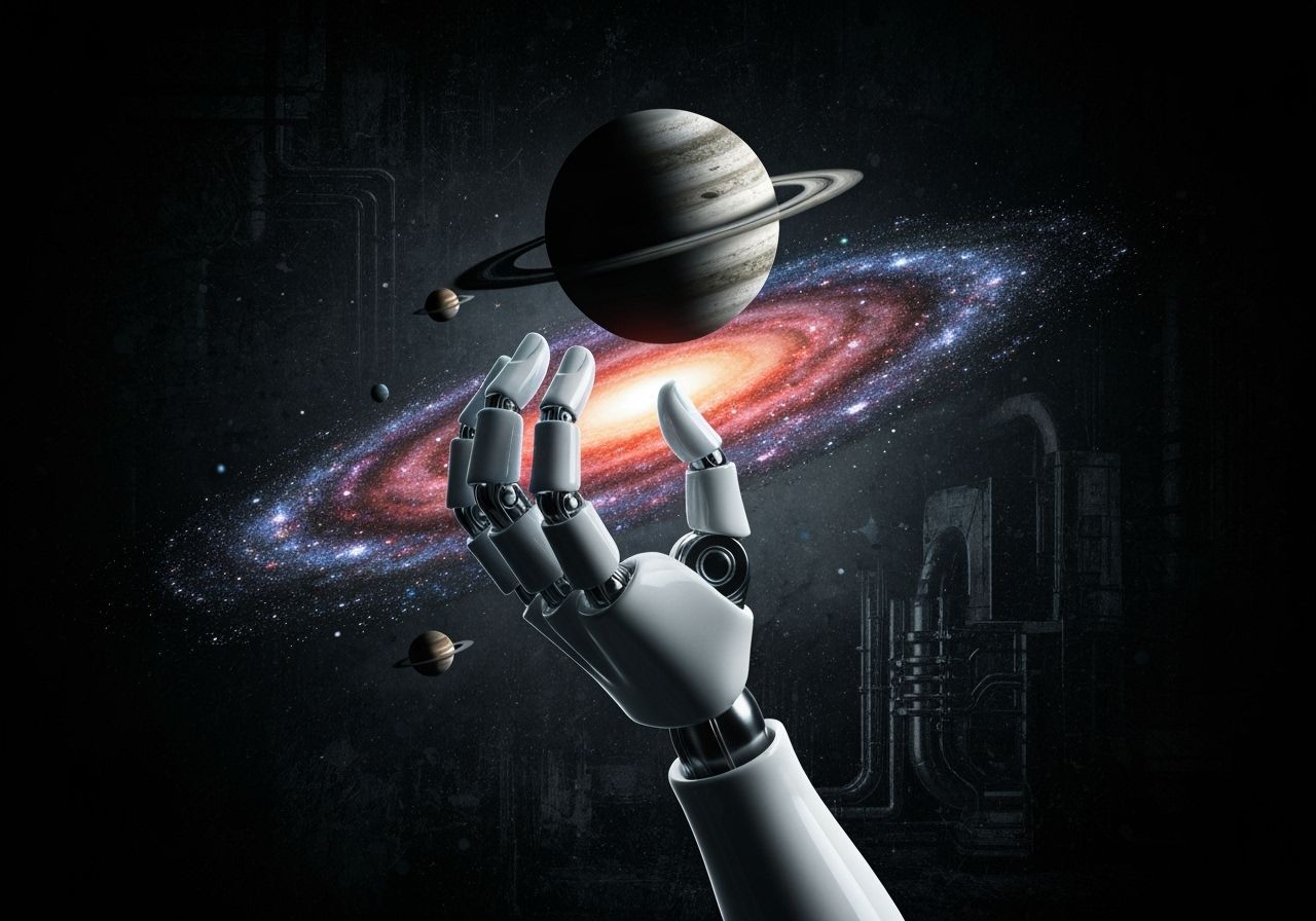 Robotic Hand Holds Miniature Galaxy in Sci-Fi Fantasy