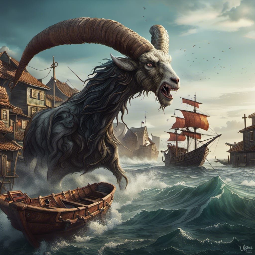 Giant Goat-Headed Sea Monster Attacks Fishing Boat