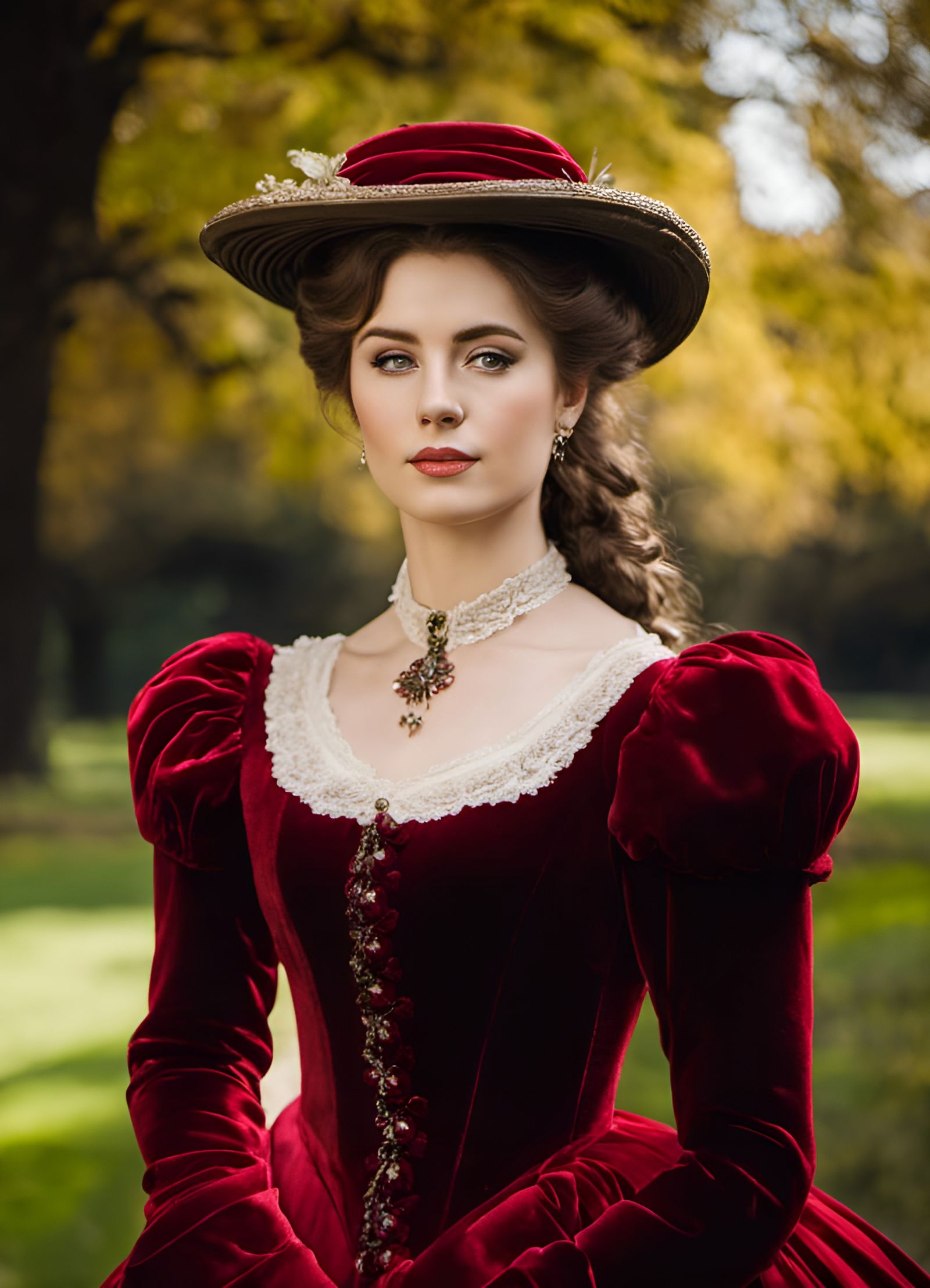 Victorian Woman in Red Velvet Dress Portrait