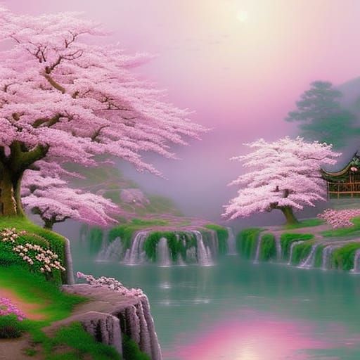 Japanese Village with Cherry Blossoms in Fantasy Style