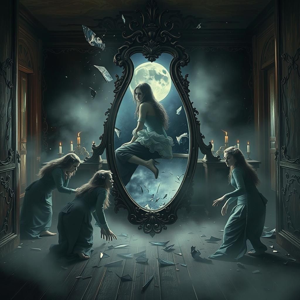 Woman in Shattered Mirror Chamber: Pre-Raphaelite Surrealism