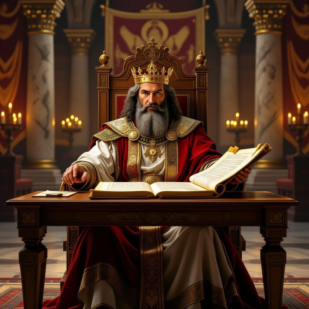 King Solomon the Wise on His Throne