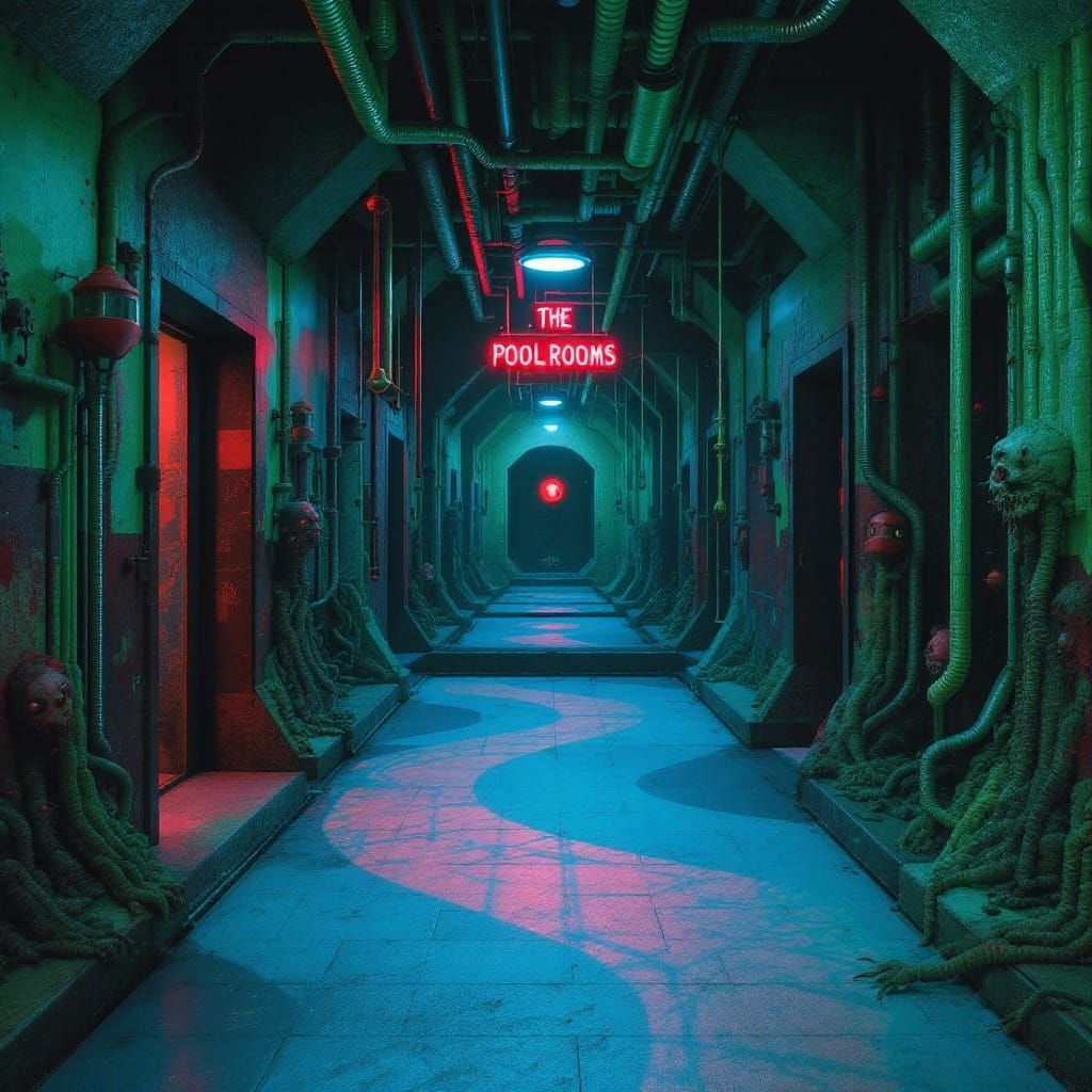 Creepy Pool Room Entrance in a Neon-Lit Labyrinth