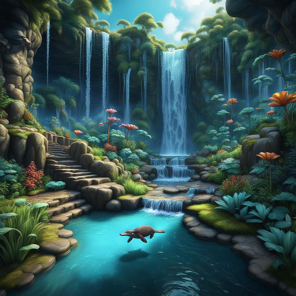 Cute Platypus in a Waterfall Garden