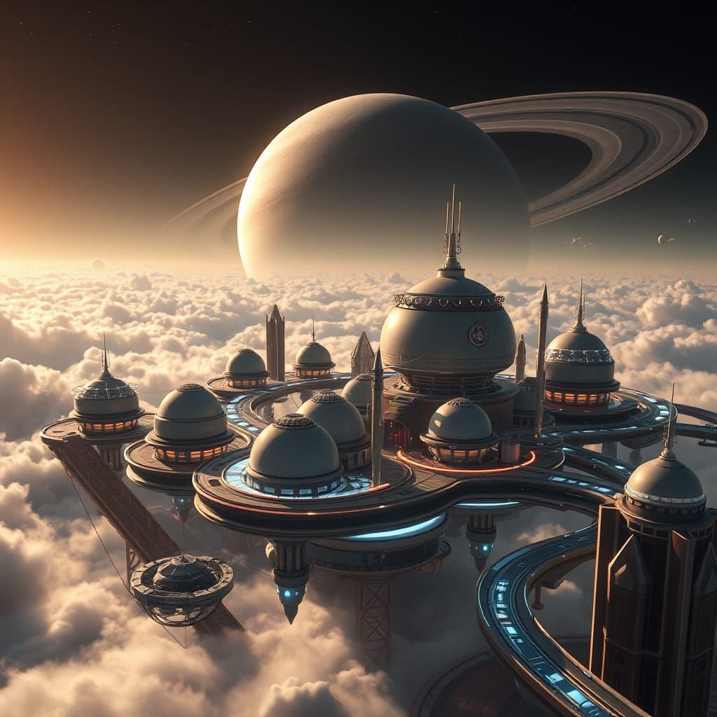 Ethereal Sci-Fi Metropolis Floating Above Saturn